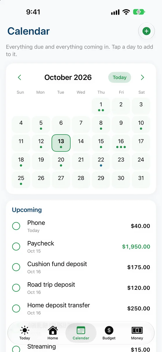 The Calendar screen: a month grid with dots on days that have bills, paydays or notes, and an upcoming list.