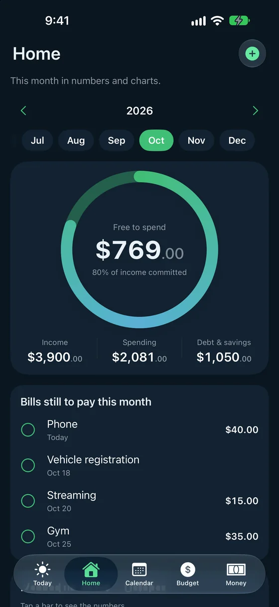 The Home screen in dark mode.