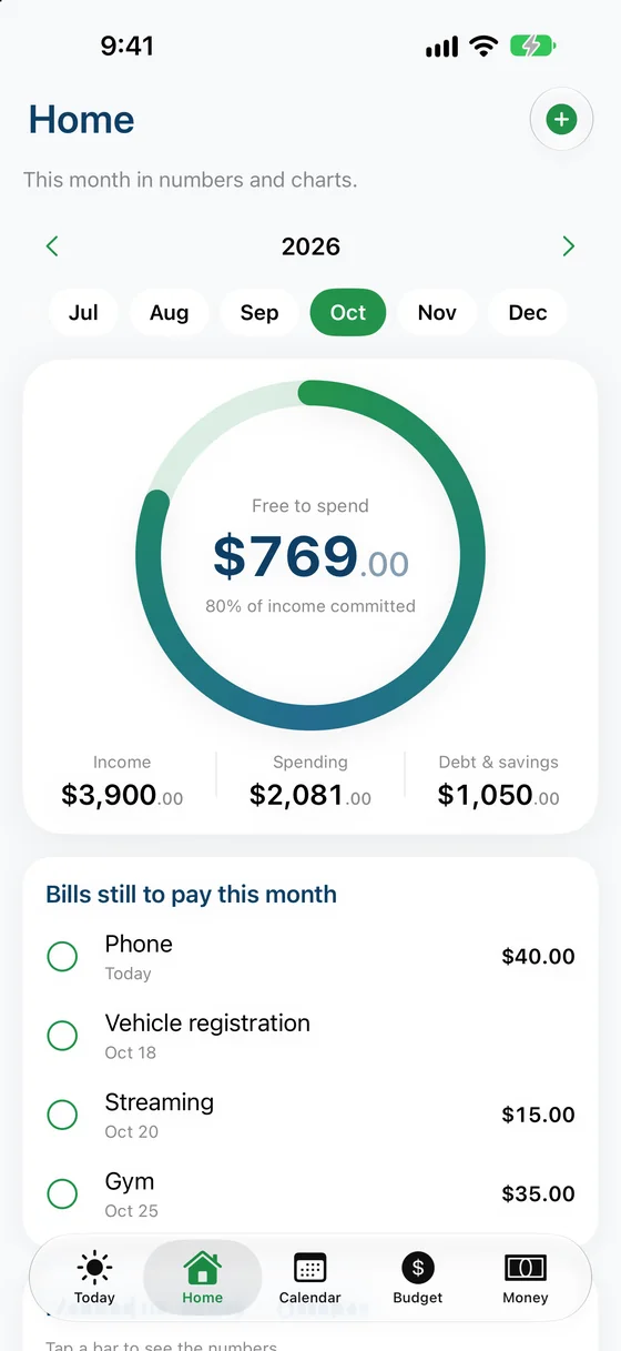 SeedCents Home screen showing $769 free to spend this month inside a progress ring.