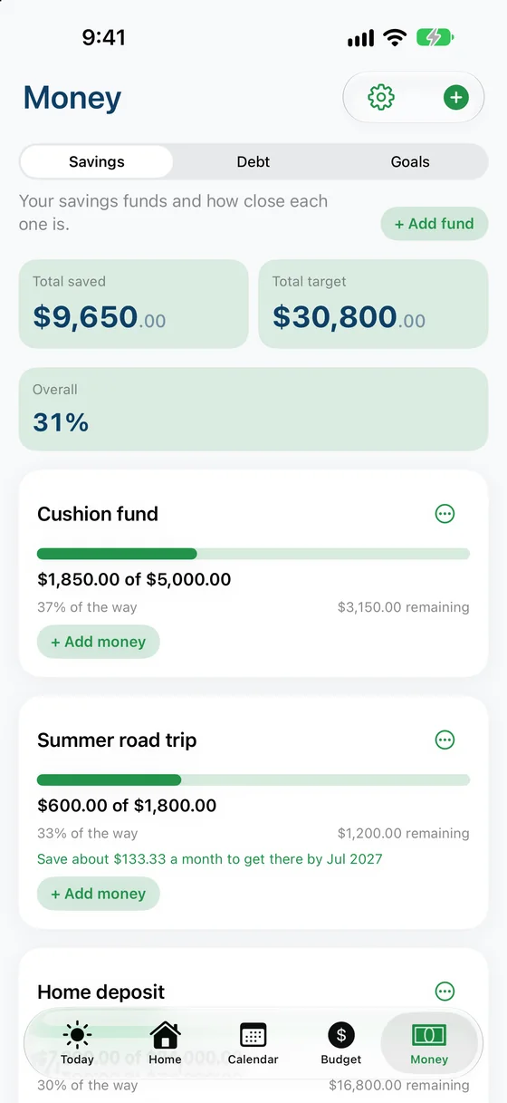 The Savings screen: each fund with a progress bar toward its target.